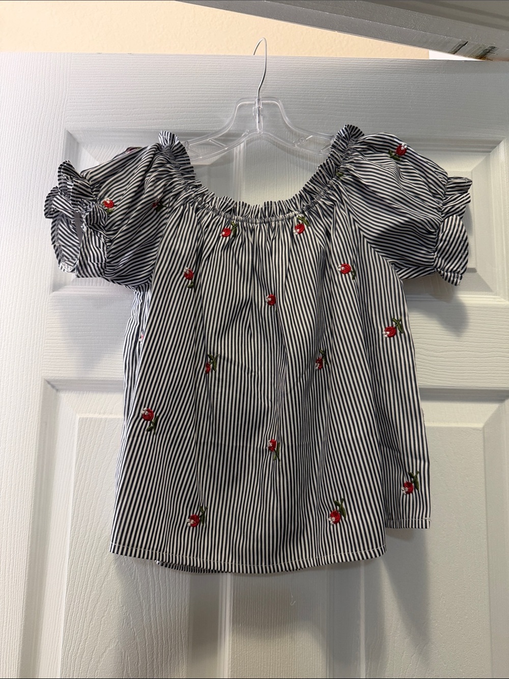 Forever 21 Black & White Striped Off-Shoulder Top with Red Cherry Embroidery